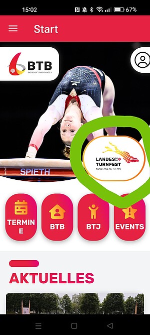 Screenshot: Wo komme ich zum Landesturnfest Inhalt in der BTB-App
