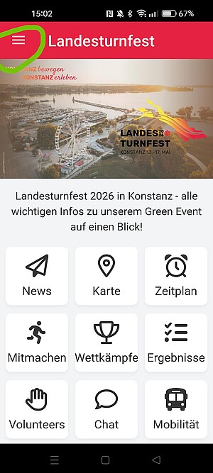 Screenshot: Landesturnfest Inhaltsübersicht in der BTB-App