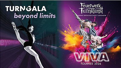 Flyer Zweigeteilt: eine Hälfte Turngala2025/26; andere Hälfte Feuerwerk der Turnkunst 2026